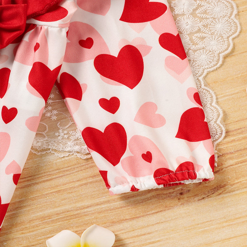 Baby Valentine’s Day Romper – Heart Print Long Sleeve Bodysuit with Bow & Ruffle Trim - Sprout