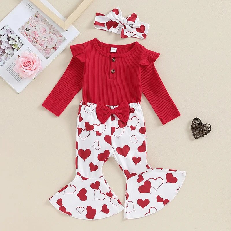 Valentine’s Day Baby Girl Outfit – Long Sleeve Romper & Bell-Bottom Pants 2-Piece Set - Sprout