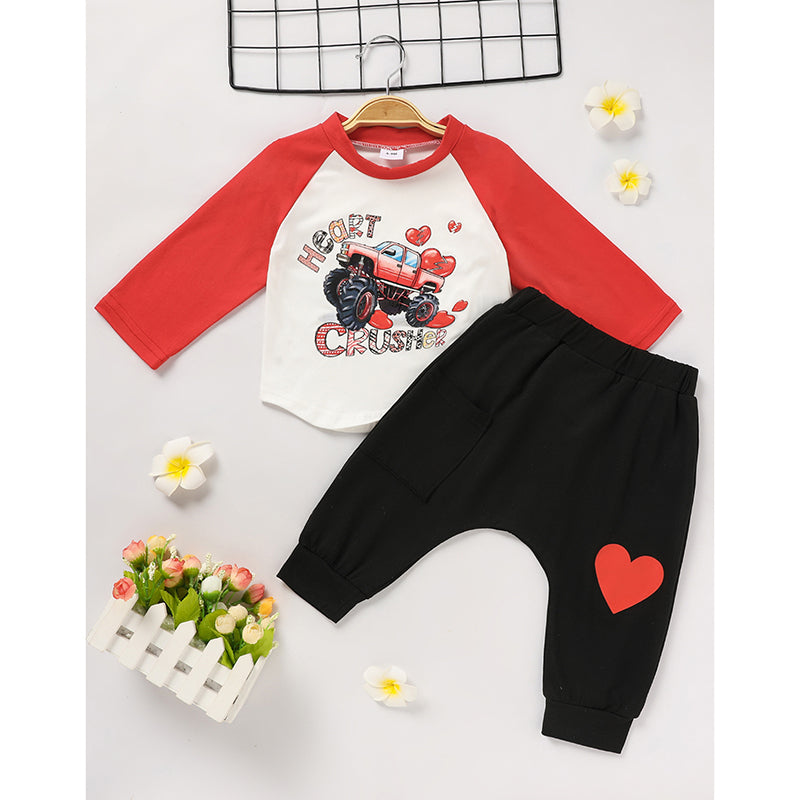 2-Piece Baby Boy Valentine’s Outfit – “Heart Crusher” Long-Sleeve T-Shirt & Black Heart Print Pants Set - Sprout