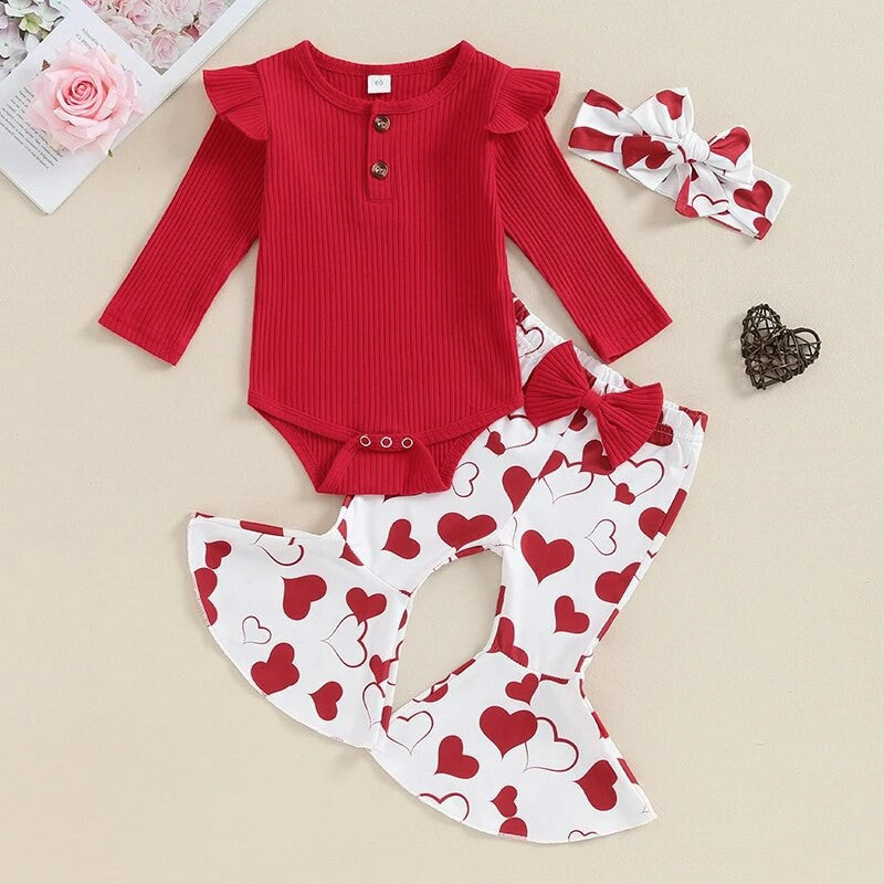 Valentine’s Day Baby Girl Outfit – Long Sleeve Romper & Bell-Bottom Pants 2-Piece Set - Sprout