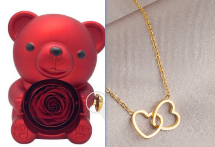 Rotating Bear Gift Box with Eternal Rose & Necklace – Teddy Bear Jewelry Box for Valentine’s, Wedding & Anniversary Gifts - Sprout