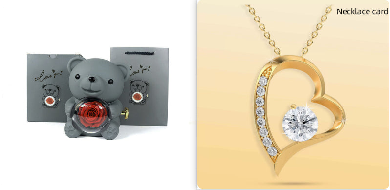 Rotating Bear Gift Box with Eternal Rose & Necklace – Teddy Bear Jewelry Box for Valentine’s, Wedding & Anniversary Gifts - Sprout