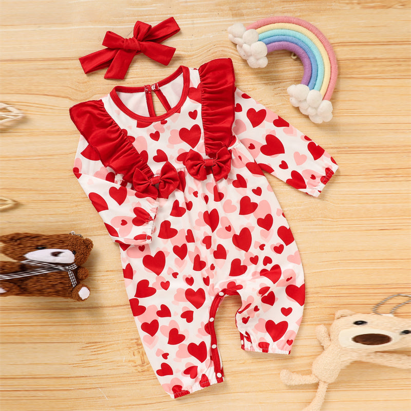 Baby Valentine’s Day Romper – Heart Print Long Sleeve Bodysuit with Bow & Ruffle Trim - Sprout
