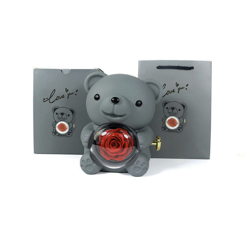 Rotating Bear Gift Box with Eternal Rose & Necklace – Teddy Bear Jewelry Box for Valentine’s, Wedding & Anniversary Gifts - Sprout