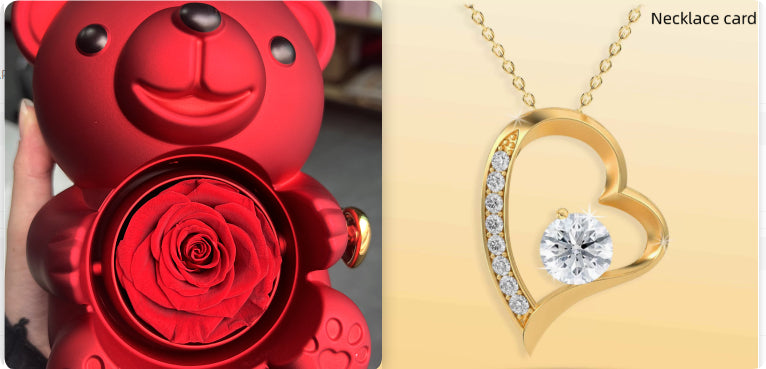 Rotating Bear Gift Box with Eternal Rose & Necklace – Teddy Bear Jewelry Box for Valentine’s, Wedding & Anniversary Gifts - Sprout