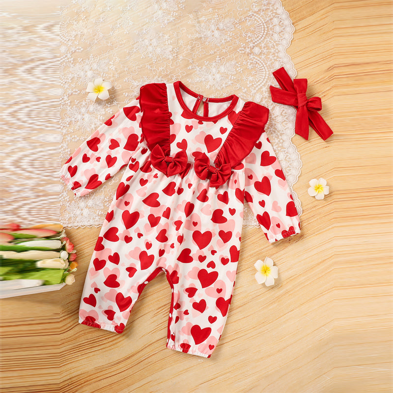 Baby Valentine’s Day Romper – Heart Print Long Sleeve Bodysuit with Bow & Ruffle Trim - Sprout
