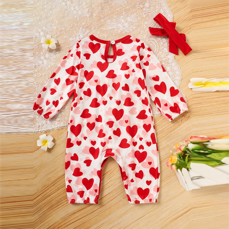 Baby Valentine’s Day Romper – Heart Print Long Sleeve Bodysuit with Bow & Ruffle Trim - Sprout