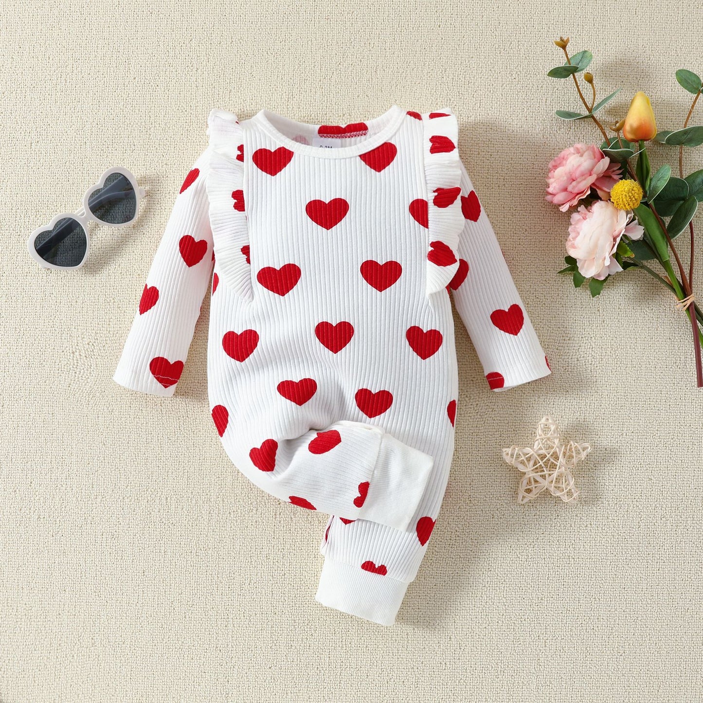 Valentine’s Day Baby Girl Layette Jumpsuit – Spring Heart Print One-Piece Outfit - Sprout