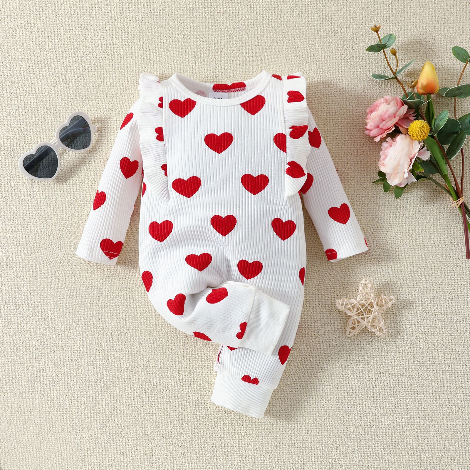 Valentine’s Day Baby Girl Layette Jumpsuit – Spring Heart Print One-Piece Outfit - Sprout