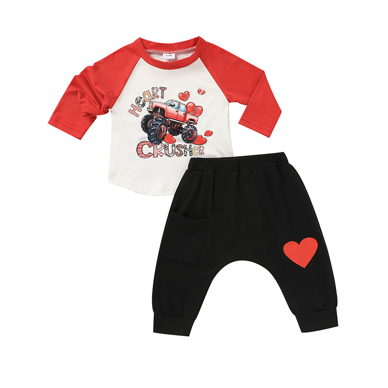2-Piece Baby Boy Valentine’s Outfit – “Heart Crusher” Long-Sleeve T-Shirt & Black Heart Print Pants Set - Sprout