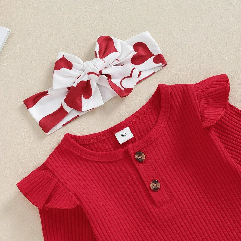 Valentine’s Day Baby Girl Outfit – Long Sleeve Romper & Bell-Bottom Pants 2-Piece Set - Sprout