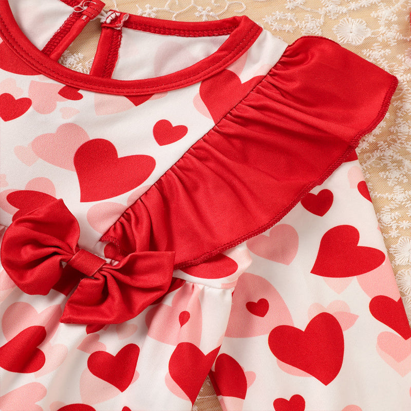 Baby Valentine’s Day Romper – Heart Print Long Sleeve Bodysuit with Bow & Ruffle Trim - Sprout