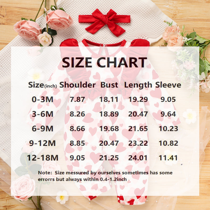 Baby Valentine’s Day Romper – Heart Print Long Sleeve Bodysuit with Bow & Ruffle Trim - Sprout