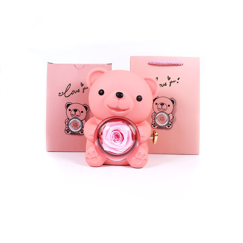 Rotating Bear Gift Box with Eternal Rose & Necklace – Teddy Bear Jewelry Box for Valentine’s, Wedding & Anniversary Gifts - Sprout