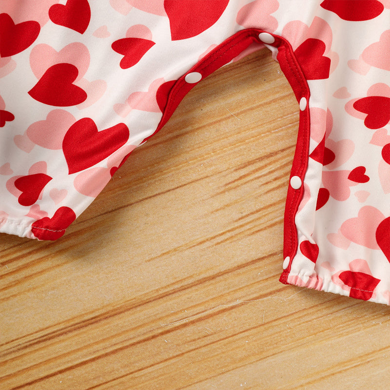 Baby Valentine’s Day Romper – Heart Print Long Sleeve Bodysuit with Bow & Ruffle Trim - Sprout