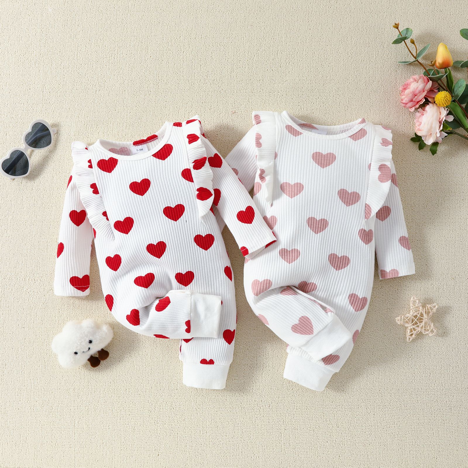 Valentine’s Day Baby Girl Layette Jumpsuit – Spring Heart Print One-Piece Outfit - Sprout
