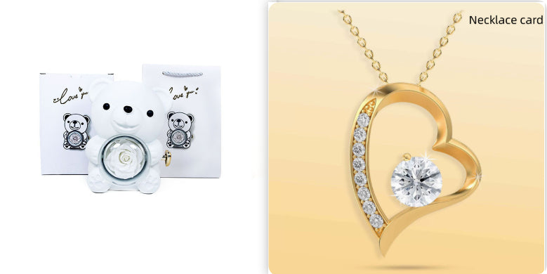 Rotating Bear Gift Box with Eternal Rose & Necklace – Teddy Bear Jewelry Box for Valentine’s, Wedding & Anniversary Gifts - Sprout