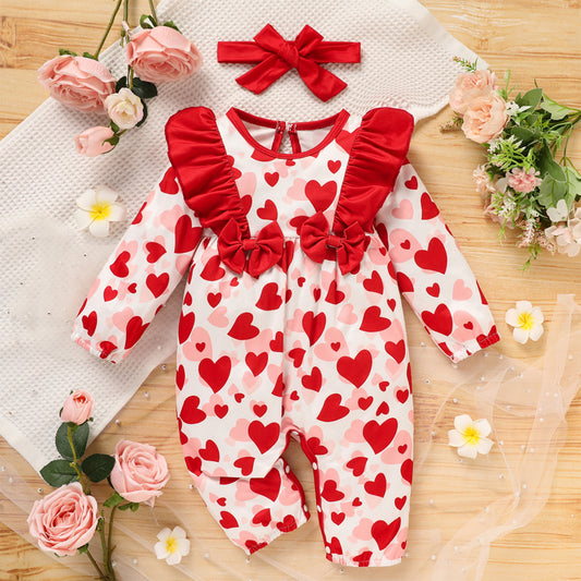 Baby Valentine’s Day Romper – Heart Print Long Sleeve Bodysuit with Bow & Ruffle Trim - Sprout
