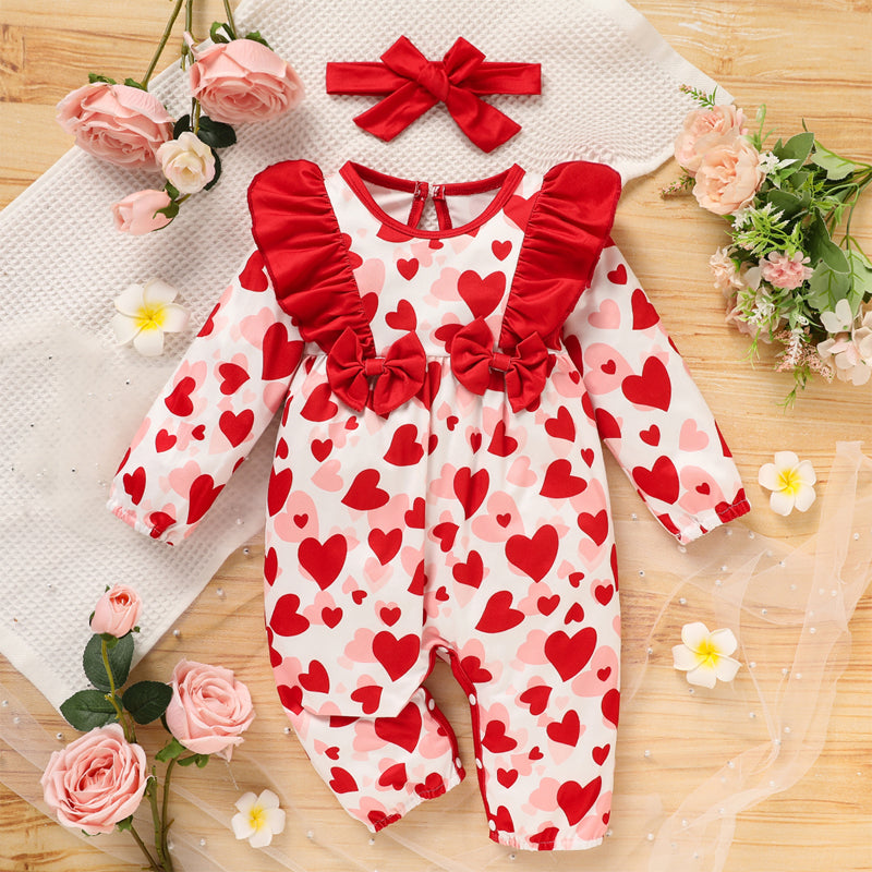 Baby Valentine’s Day Romper – Heart Print Long Sleeve Bodysuit with Bow & Ruffle Trim - Sprout