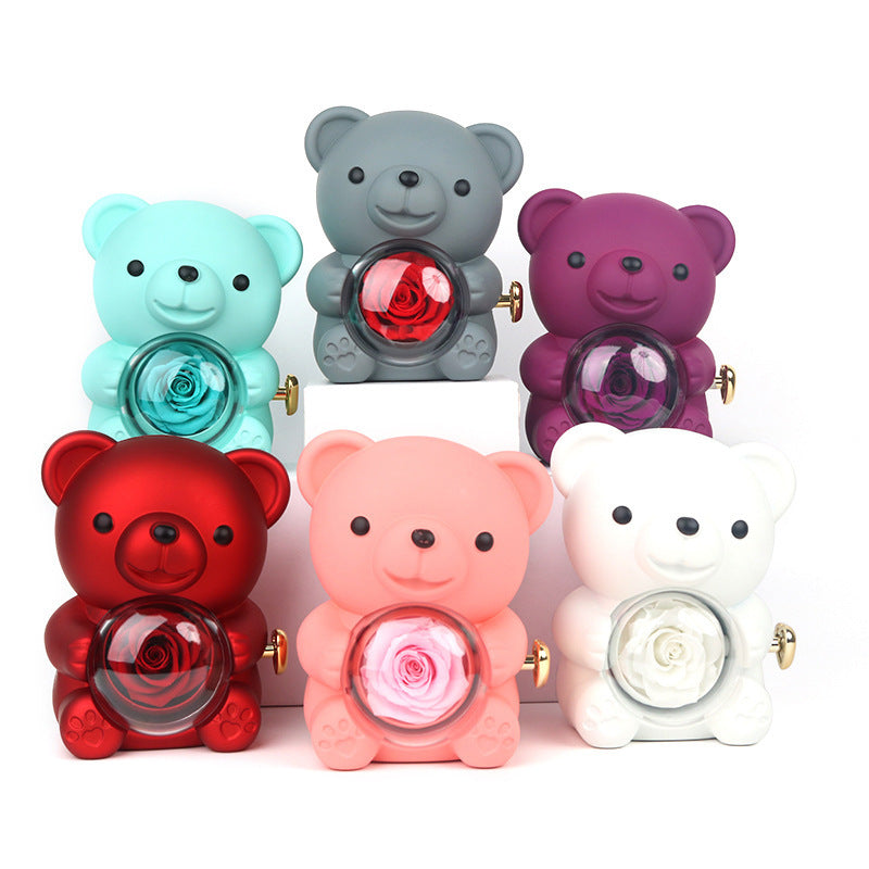 Rotating Bear Gift Box with Eternal Rose & Necklace – Teddy Bear Jewelry Box for Valentine’s, Wedding & Anniversary Gifts - Sprout