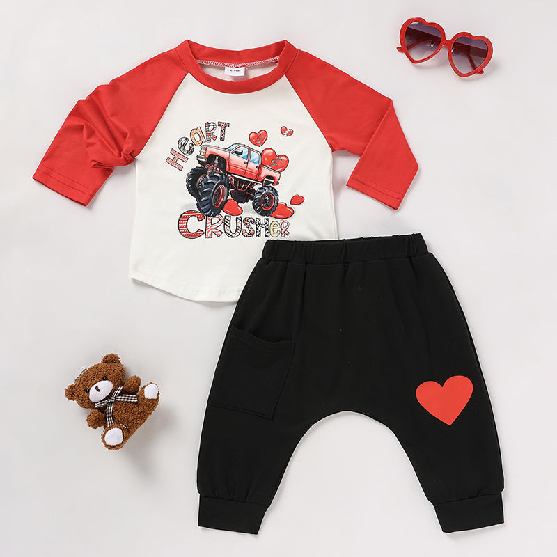 2-Piece Baby Boy Valentine’s Outfit – “Heart Crusher” Long-Sleeve T-Shirt & Black Heart Print Pants Set - Sprout