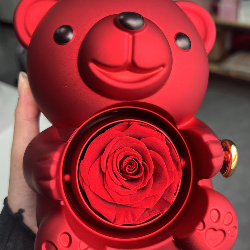 Rotating Bear Gift Box with Eternal Rose & Necklace – Teddy Bear Jewelry Box for Valentine’s, Wedding & Anniversary Gifts - Sprout