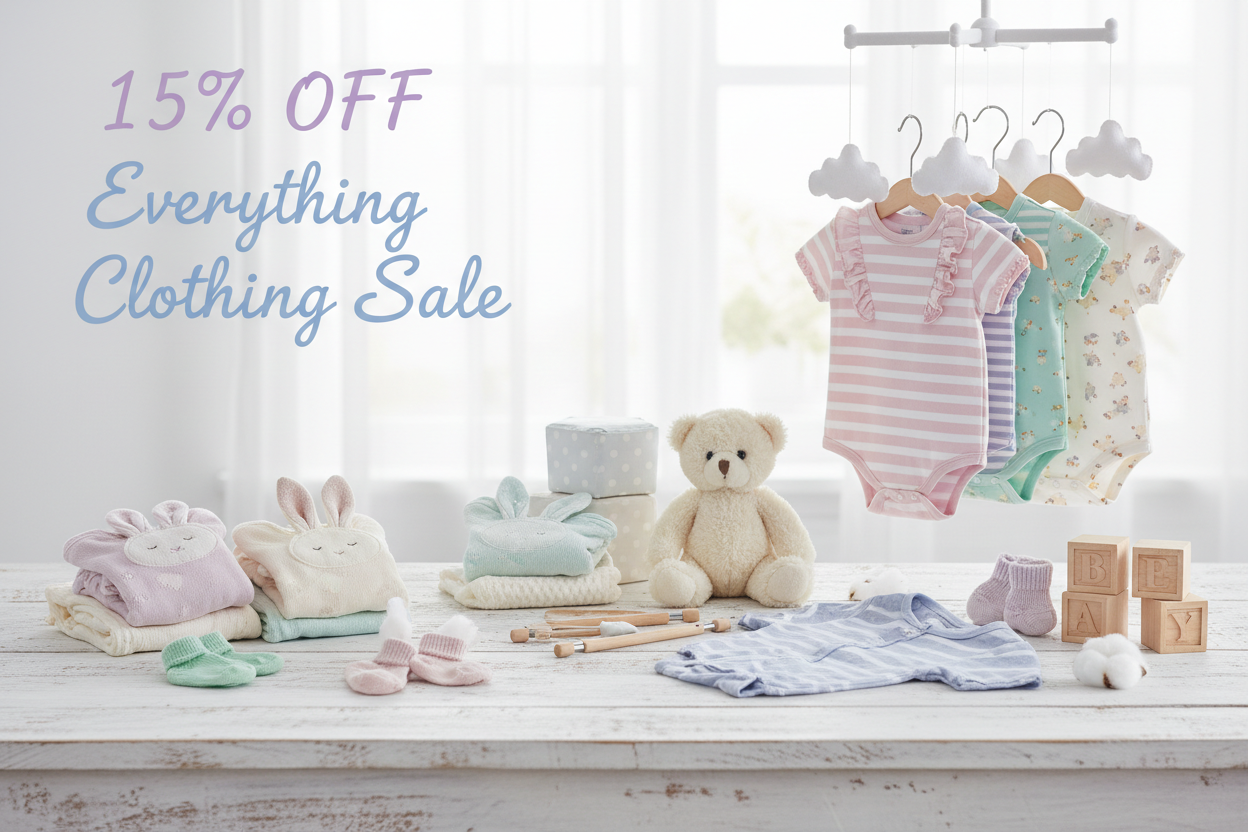 i want you to generate an image for my everything clothing sale the main color is #CFDEED make it multi color though its 15# off for clothing and my audience is mothers and parents  and its baby clothing