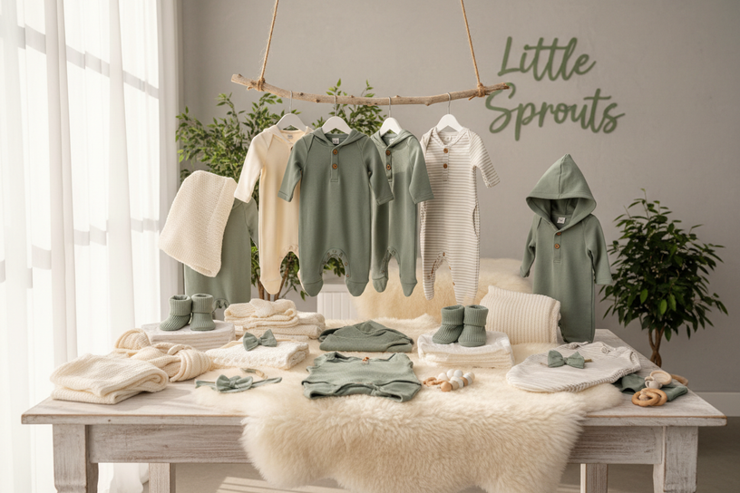 Make me a picture for my baby clothing collection my main color is #879878 